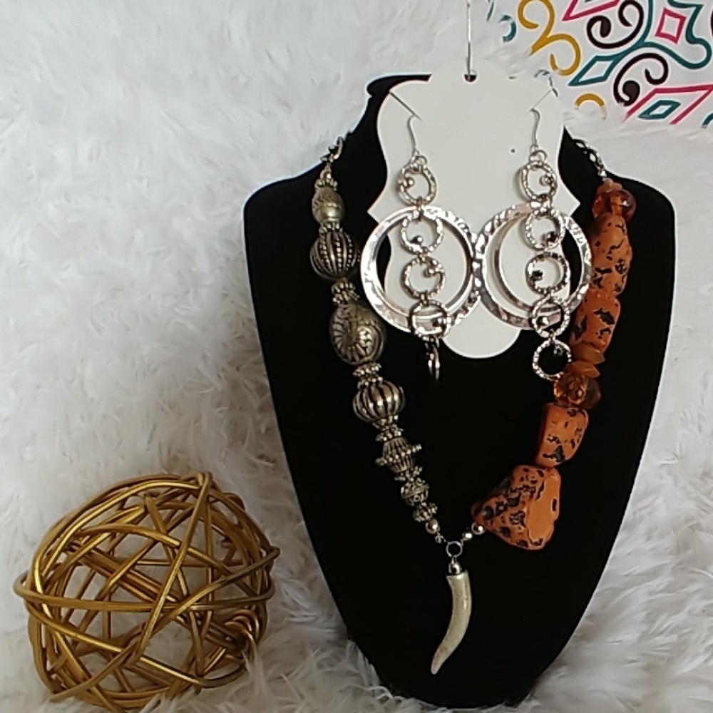 Unique Boho Tribal Silver Bead Necklace Large Silver Earrings Set